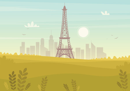 City view in sunny day in Paris with historical buildings, The Eiffel tower, trees. Time to travel. Around the world. Franceのイラスト素材