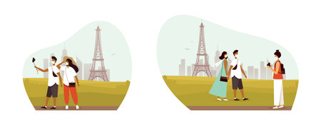 A group of tourists travel in medical protective masks across Europe, France, Paris. Traveling during the coronavirus epidemic.のイラスト素材