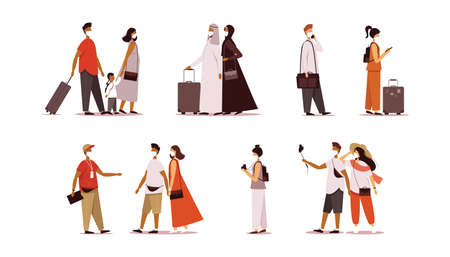 Set of masked traveling characters. People with a camera, luggage and children.のイラスト素材