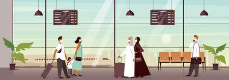 Passengers people traveler wearing face medical protection masks walking at airport gate terminal lounge traveling on holiday during pandemic outbreak. Airplanes behind glass window.のイラスト素材