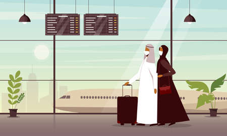 Arabian Passengers people traveler wearing face medical protection masks walking at airport gate terminal lounge traveling on holiday during pandemic outbreak. Airplanes behind glass window.のイラスト素材