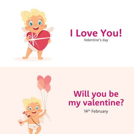 Cute banners with Cupid character in different poses. Amur babies. Vector characters.のイラスト素材