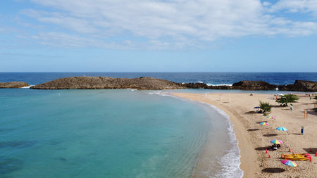 Panoramic view of the beautiful beach on the island of Lanzarote
