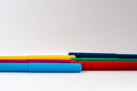 basic set of multicolored felt tip pens on white backgroundの写真素材