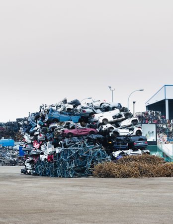 well organized pile of old cars in a scrap yard in Spain