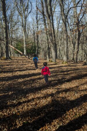 two little kids hiking in the mountains during the winter ending and the spring beginning in a warm sunny dayの写真素材