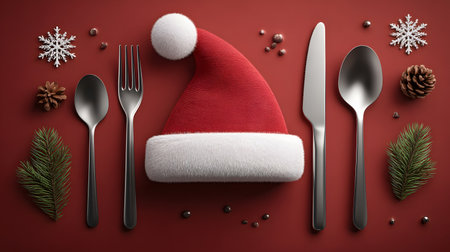 Christmas table setting with cutlery and santa hat on red backgroundの素材
