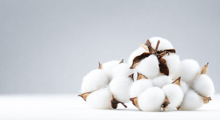 cotton flower plant bud white natural fluffy on white grey background copy-space