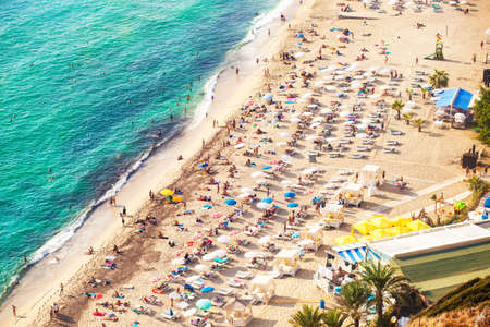 Top aerial view from funicular cableway of Cleopatra beach resort in Alanya. Umbrellas, sand, blue water of Mediterranean seaのeditorial素材