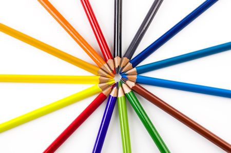 Many pencils of different colors on a over white backgroundの写真素材