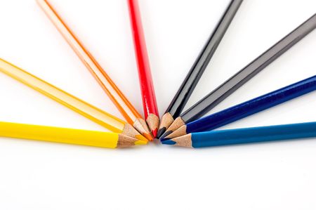 Many pencils of different colors on a over white backgroundの写真素材