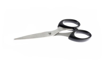 Scissors with black handle on white backgroundの写真素材