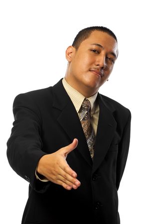 Young business man want to shake hand isolated on white backgroundの写真素材