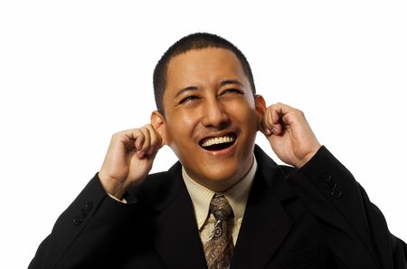 Young business man act crazy isolated on white backgroundの写真素材