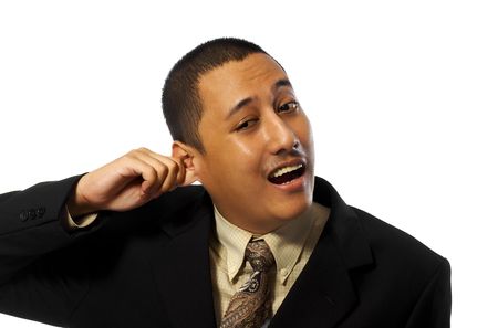 Young business man act crazy isolated on white backgroundの写真素材