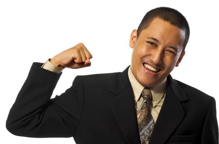 Business man gives punch isolated on white backgroundの写真素材