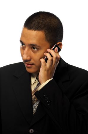 Businessman have a phone call isolated on white backgroundの写真素材