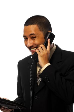 Businessman Calling his friend on the phone isolated on white backgroundの写真素材