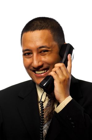 Businessman Calling his friend on the phone isolated on white backgroundの写真素材