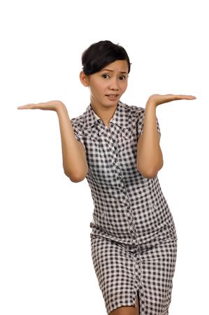 Woman pointing something isolated on white backgroundの写真素材