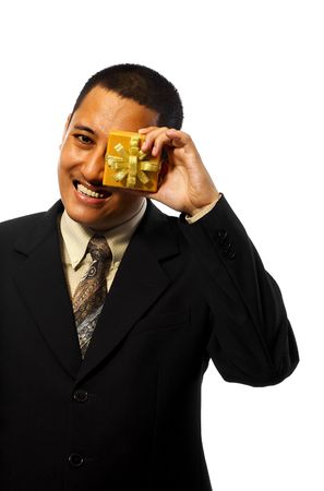 Business man giving a gift isolated on white backgroundの写真素材