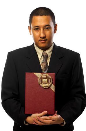 Business man giving a gift isolated on white backgroundの写真素材