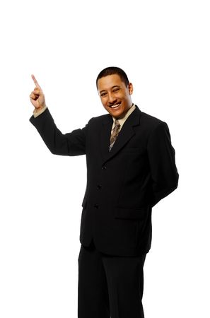 Business man pointing something isolated on white backgroundの写真素材