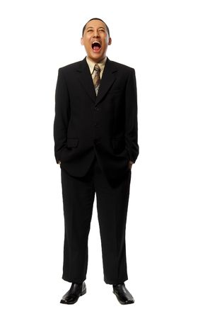 Young Success Fullbody business man screaming isolated on white backgroundの写真素材