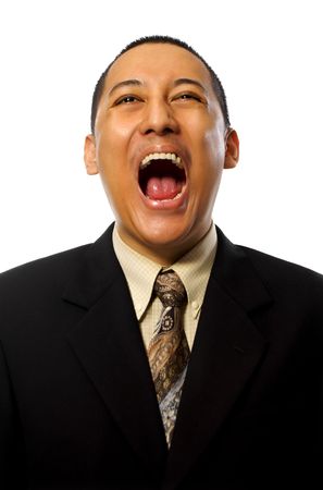 Young Success business man scream isolated on white backgroundの写真素材