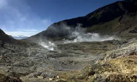 Volcanic crater that produce steam sulfur on mount papandayan, garut, indonesiaの写真素材