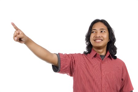 Long hair man pointing something isolated on white backgroundの写真素材