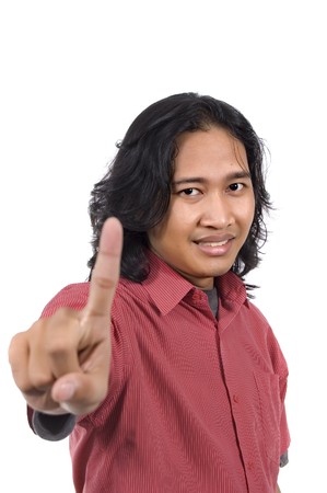 Long hair man give number one  by hand gesture isolated on white backgroundの写真素材