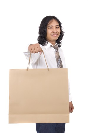 Long hair executive hold paper bag isolated on white backgroundの写真素材