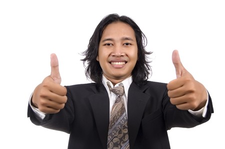 Long hair man give thumb isolated on white backgroundの写真素材