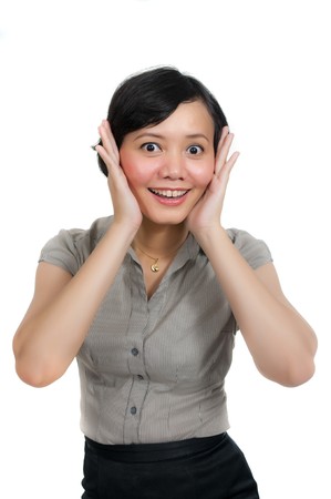 Asian business woman surprise isolated on white backgroundの写真素材