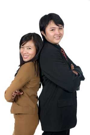 Asian work team isolated over white backgroundの写真素材