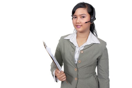 Beautiful support phone operator with headset, isolated on whiteの写真素材