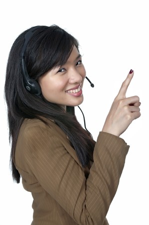 Beautiful support phone operator in headset, isolated on whiteの写真素材