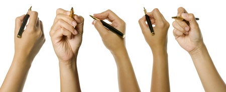 Set of woman hands holding pen isolated over white background. Good for your designの写真素材