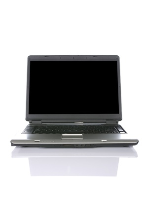 Black laptop isolated over white background  You can put your message on the screenの写真素材
