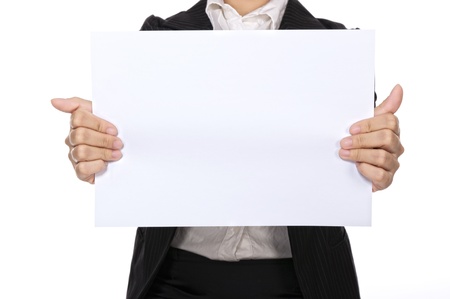 Blank paper holding by business woman isolated over white background. You can put your message on the paperの写真素材