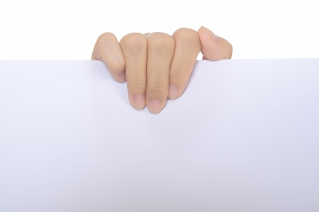 Blank paper holding by business woman isolated over white background. You can put your message on the paperの写真素材