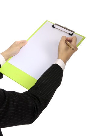 Business woman holding clipboard isolated over white background. You can put your message on the paper.の写真素材