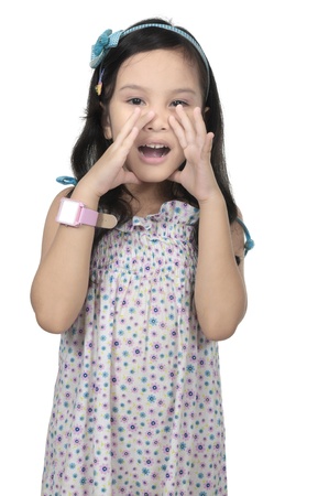 Mix race asian caucasian girl shout with loud voice isolated over white backgroundの写真素材