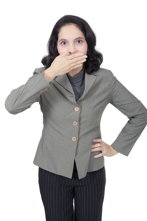 Mix race business woman shut her mouth isolated over white backgroundの写真素材