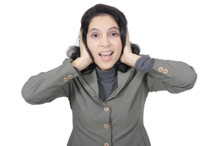 Stress mix race asian caucasian woman isolated over white backgroundの写真素材