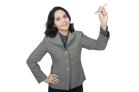 Business woman white something isolated over white backgroundの写真素材