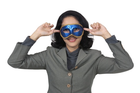 Business woman wearing mask isolated over white backgroundの写真素材