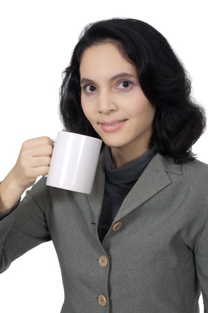 Mix race asian caucasian business woman drink coffee isolated over white backgroundの写真素材