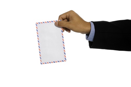 Business man showing blank envelope isolated over white background  You can put your message on the envelopeの写真素材